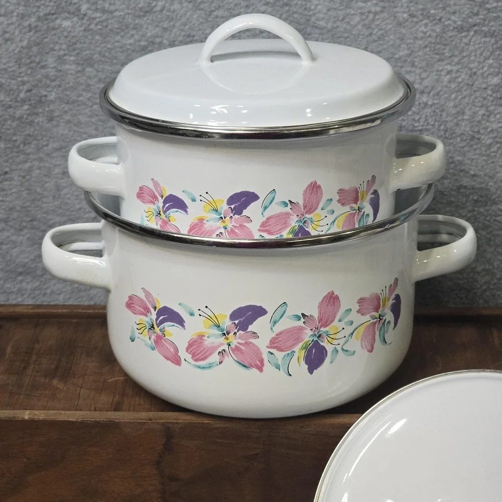 Vintage Enamelware Pots Set of 2 Floral Pink Purple White Lids Indonesia 80s